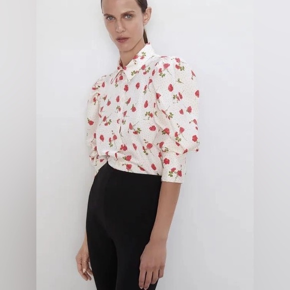 🦋 BLOGGERS FAVORITE 🦋 ZARA FLORAL PRINT PUFF-SLEEVE BLOUSE SHIRT SIZE M - Picture 7 of 15